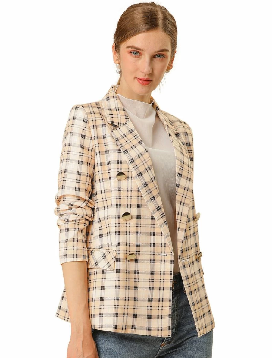 Women's Double Breasted Plaid Blazer Jacket with Notched Lapel for Formal Wear