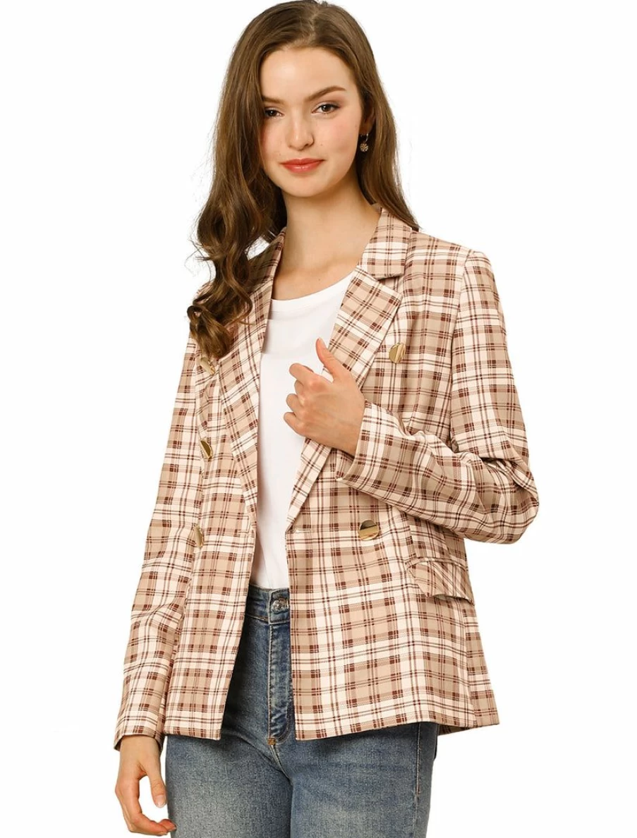 Women's Double Breasted Plaid Blazer Jacket with Notched Lapel for Formal Wear