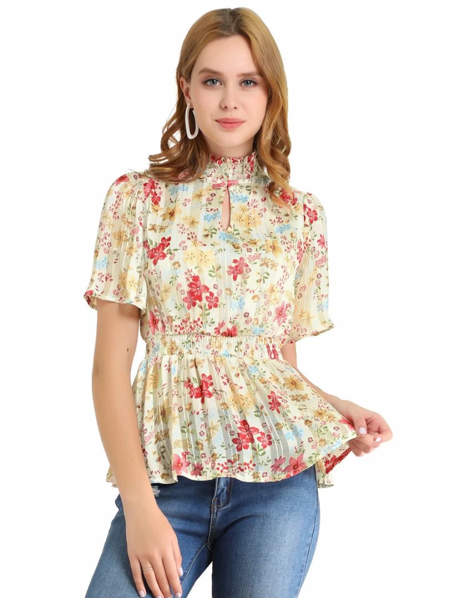 Women's Floral Peplum Top with Keyhole Front, Smocked Waist, and Flare Sleeves