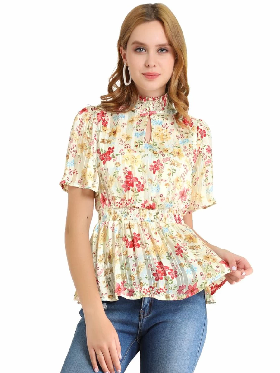 Women's Floral Peplum Top with Keyhole Front, Smocked Waist, and Flare Sleeves