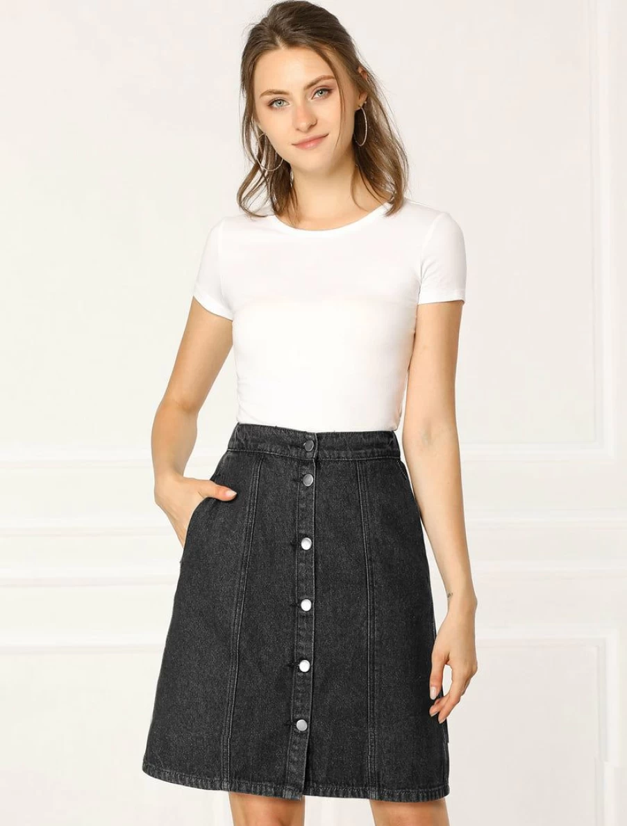 Women's Denim Skirt Short Button Down Stretch Jeans Skirt for Casual Wear