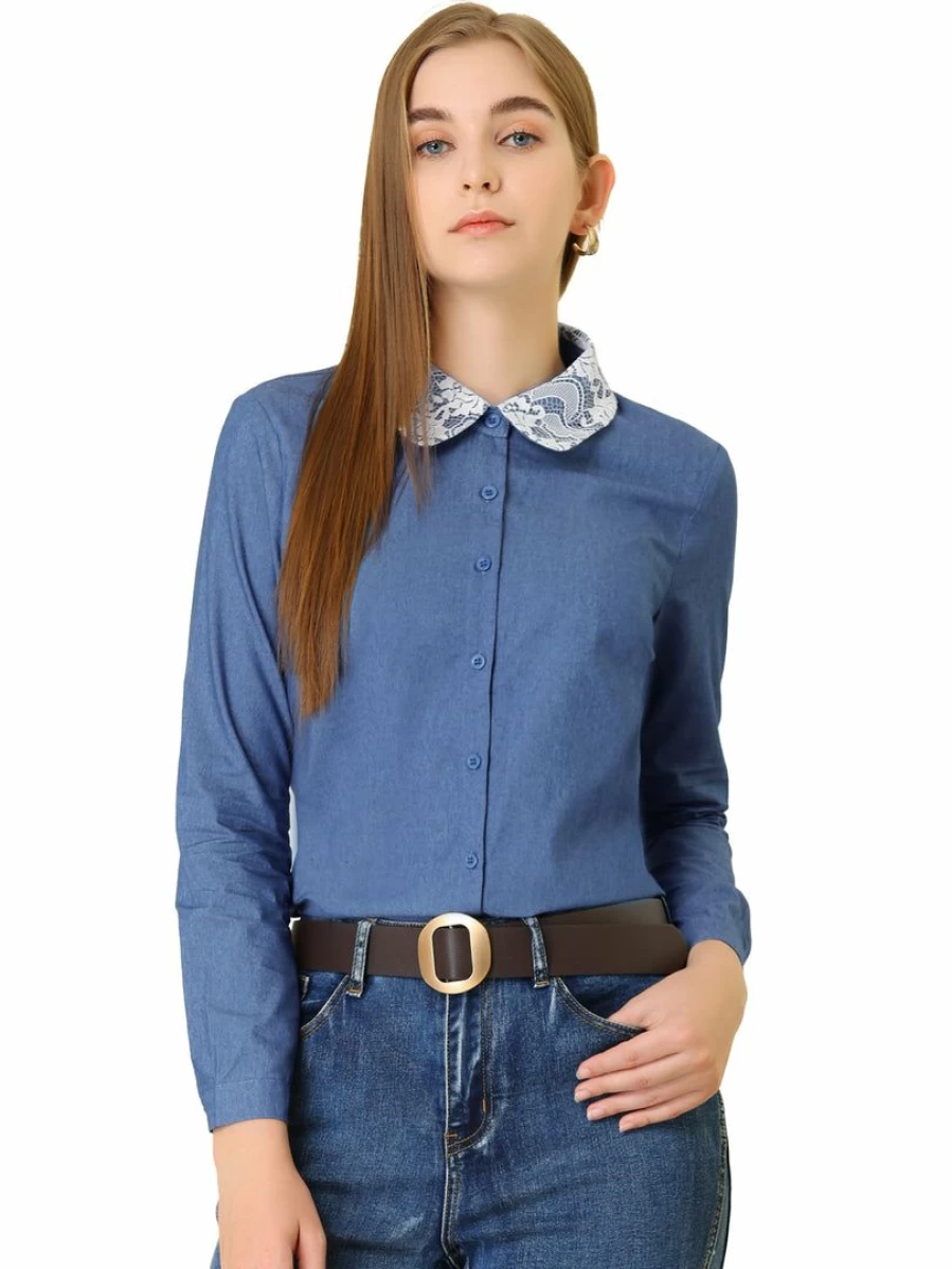Women's Blue Denim Shirt with Peter Pan Collar - Button Down Chambray Top
