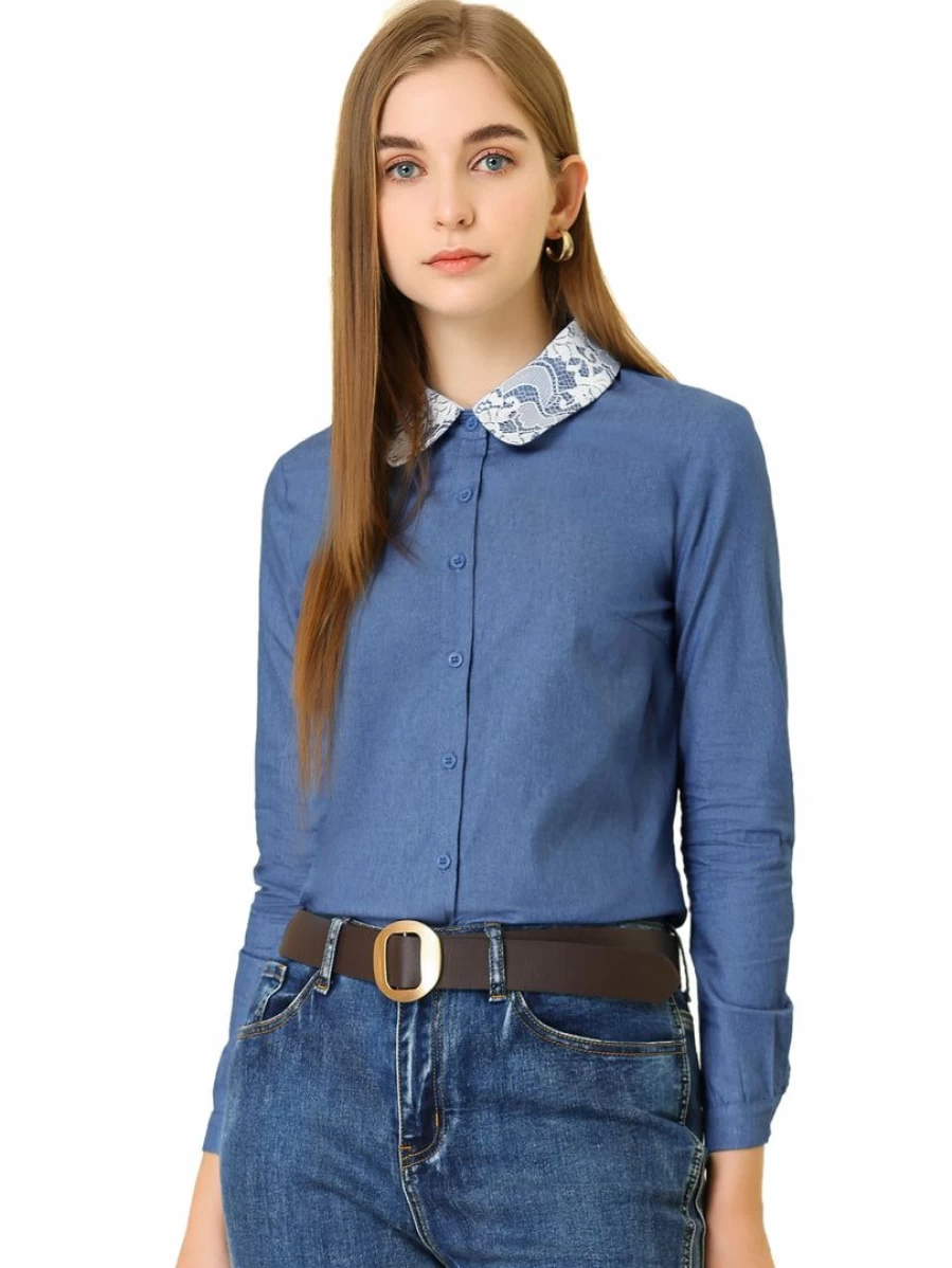 Women's Blue Denim Shirt with Peter Pan Collar - Button Down Chambray Top