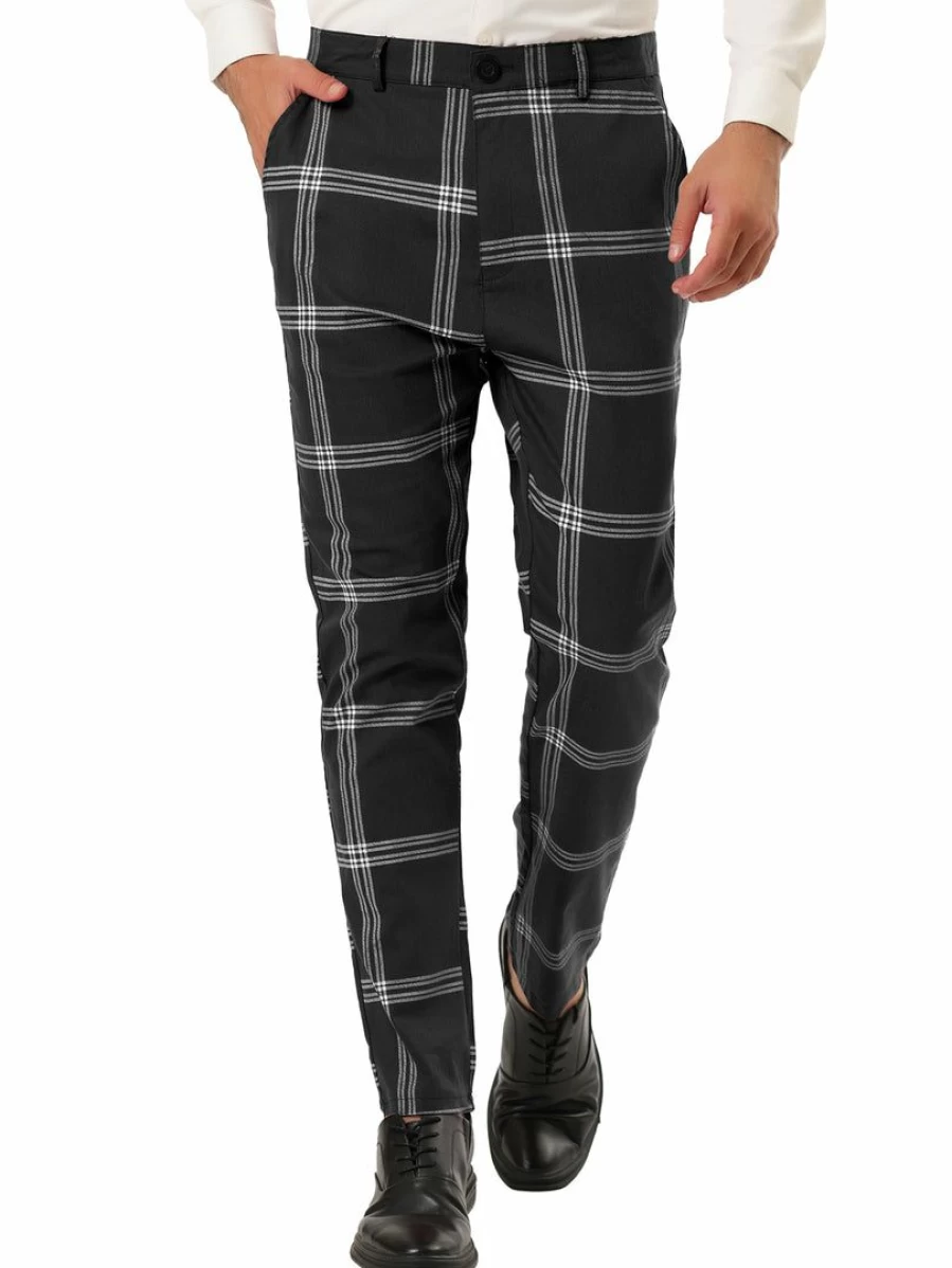 Men's Slim Fit Plaid Dress Pants Casual Checkered Business Trousers Flat Front Printed