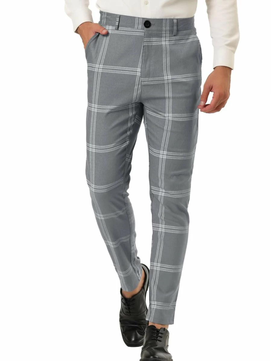 Men's Slim Fit Plaid Dress Pants Casual Checkered Business Trousers Flat Front Printed