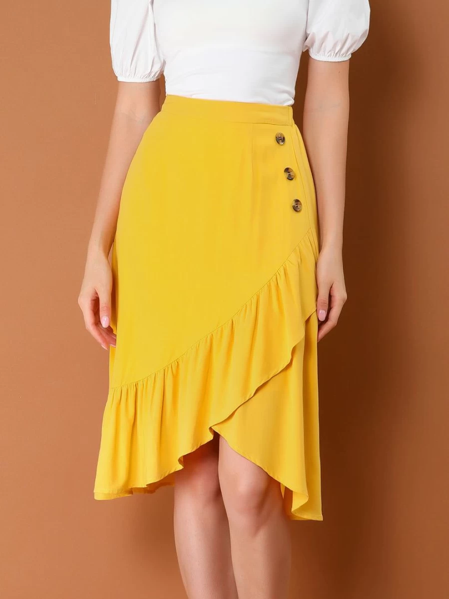 Allegra K Women's Yellow High Waist Asymmetrical Ruffle Skirt with Button Decor