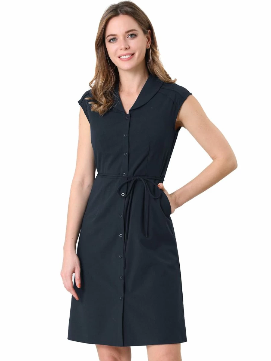Navy Blue Women's Cap Sleeve Cotton Shirt Dress with Button Front and Tie Waist for Business Casual Wear