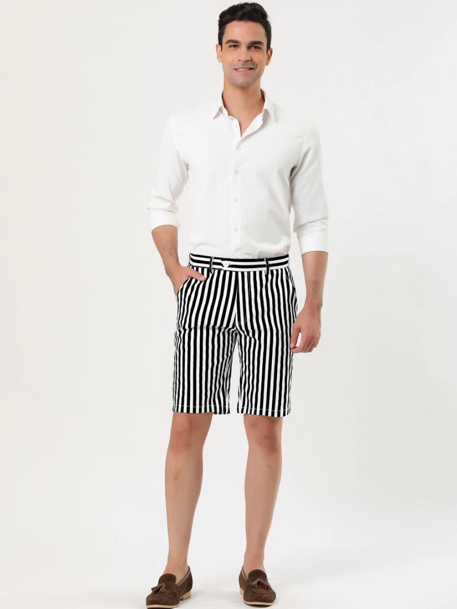 Men's Slim Fit Seersucker Chino Shorts - Flat Front Summer Casual Stripe Pants