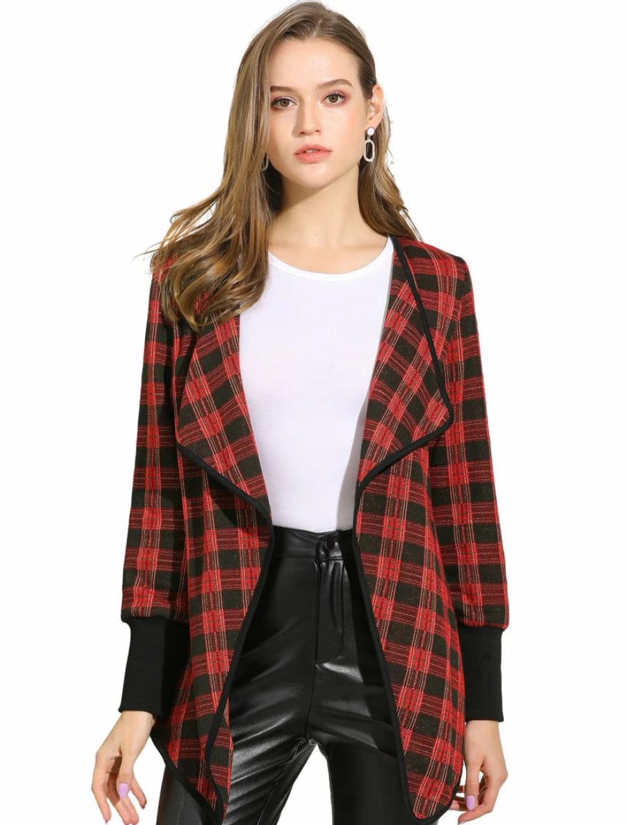 Red Plaid Long Sleeve Open Front Cardigan for Women - Lapel Design Lightweight Outerwear