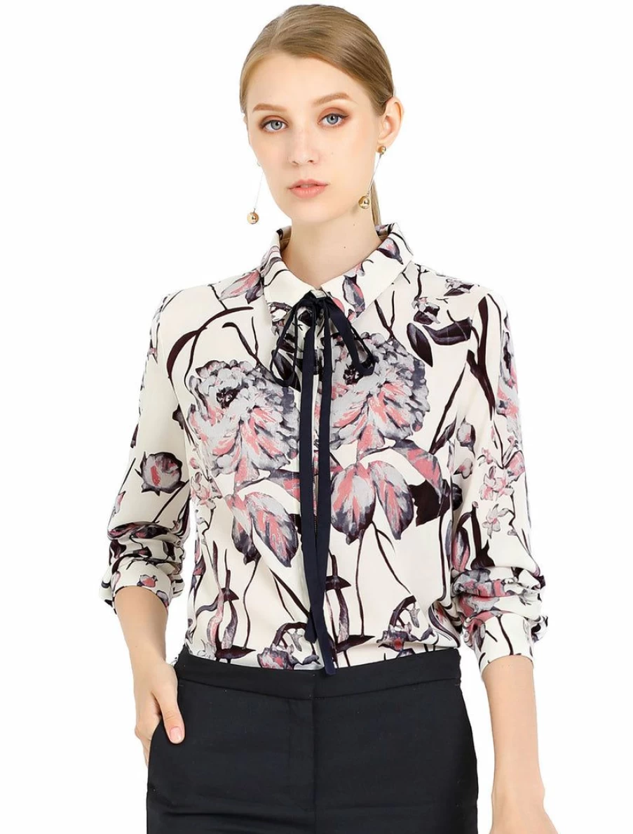 Allegra K Women's Beige Floral Tie Neck Blouse Long Sleeve Office Shirt Button Down Top