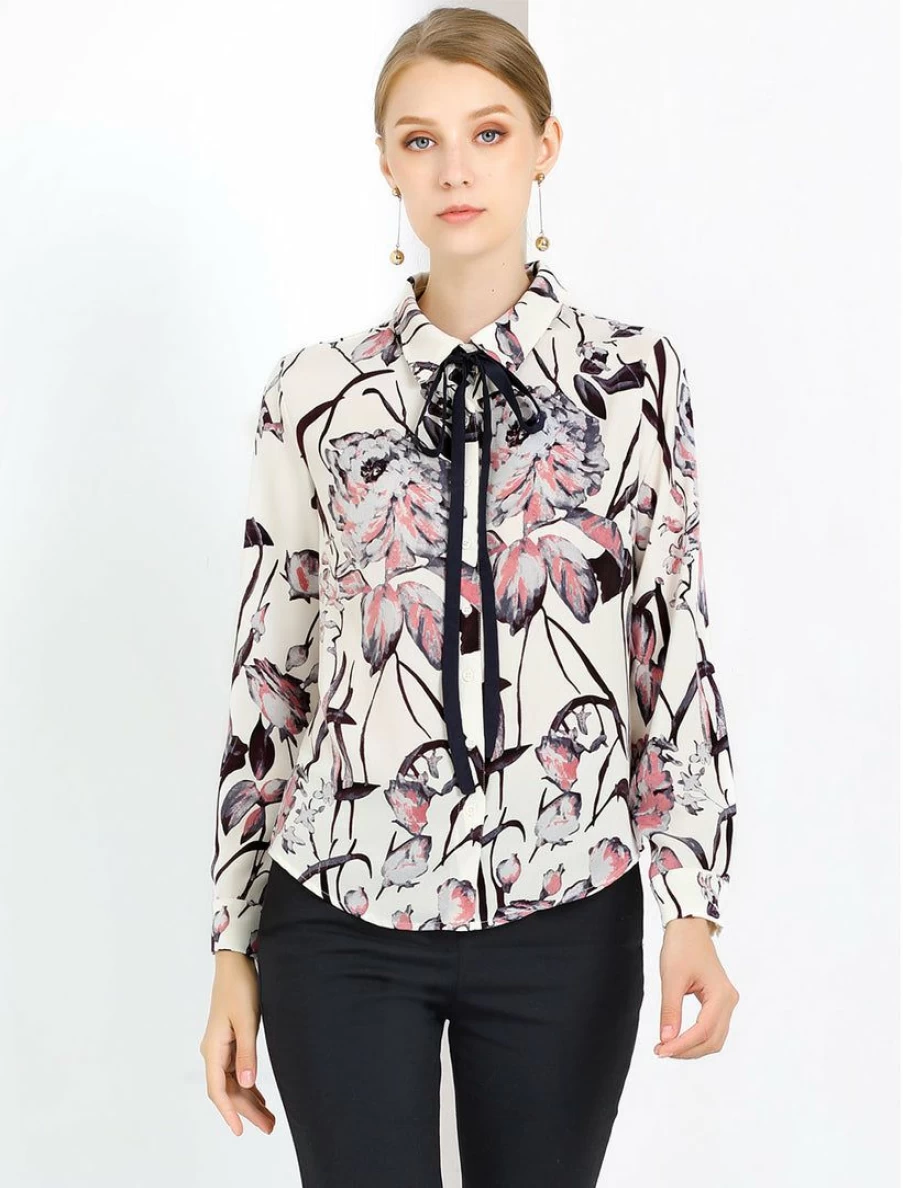 Allegra K Women's Beige Floral Tie Neck Blouse Long Sleeve Office Shirt Button Down Top