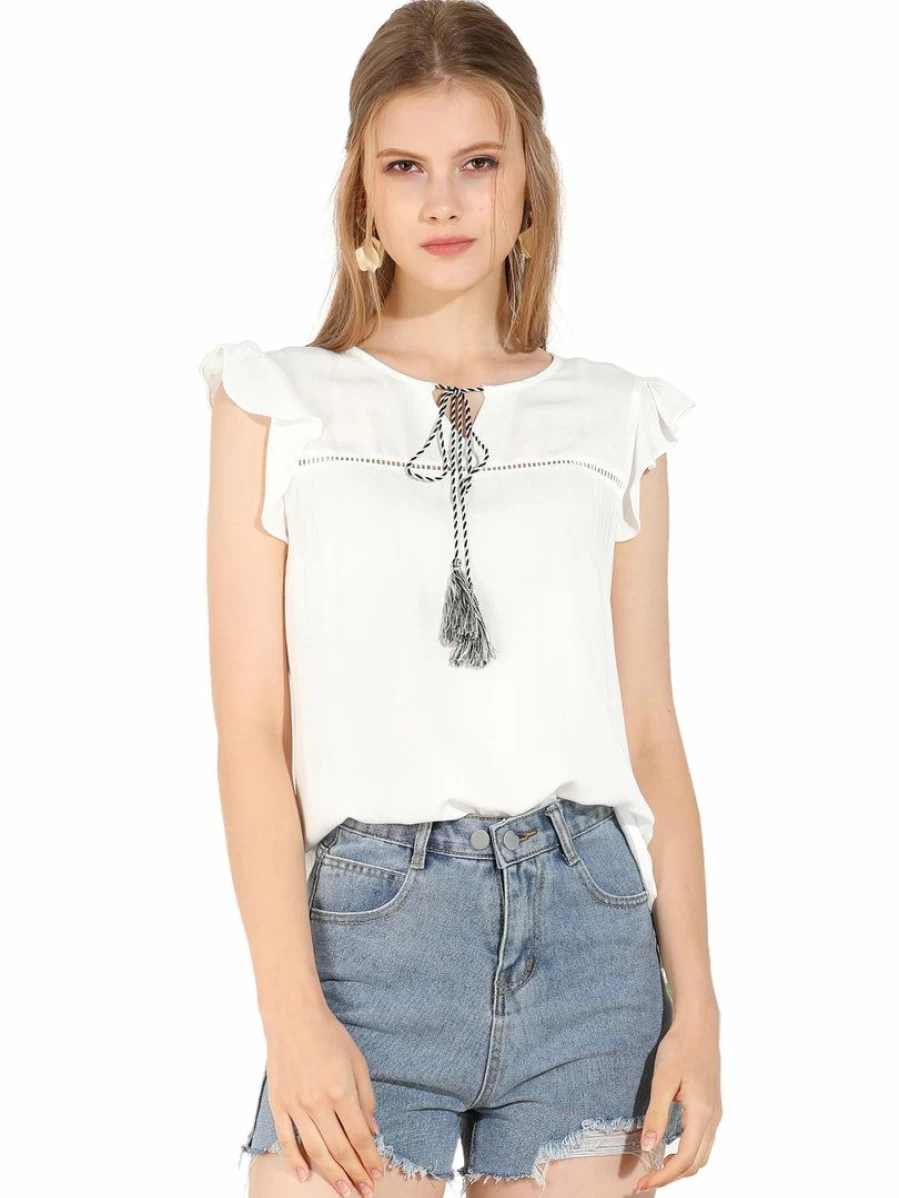 Allegra K Women's White Summer Casual Top with Flutter Sleeves, Tassel Tie Neck, and Hollow-Out Ruffled Front