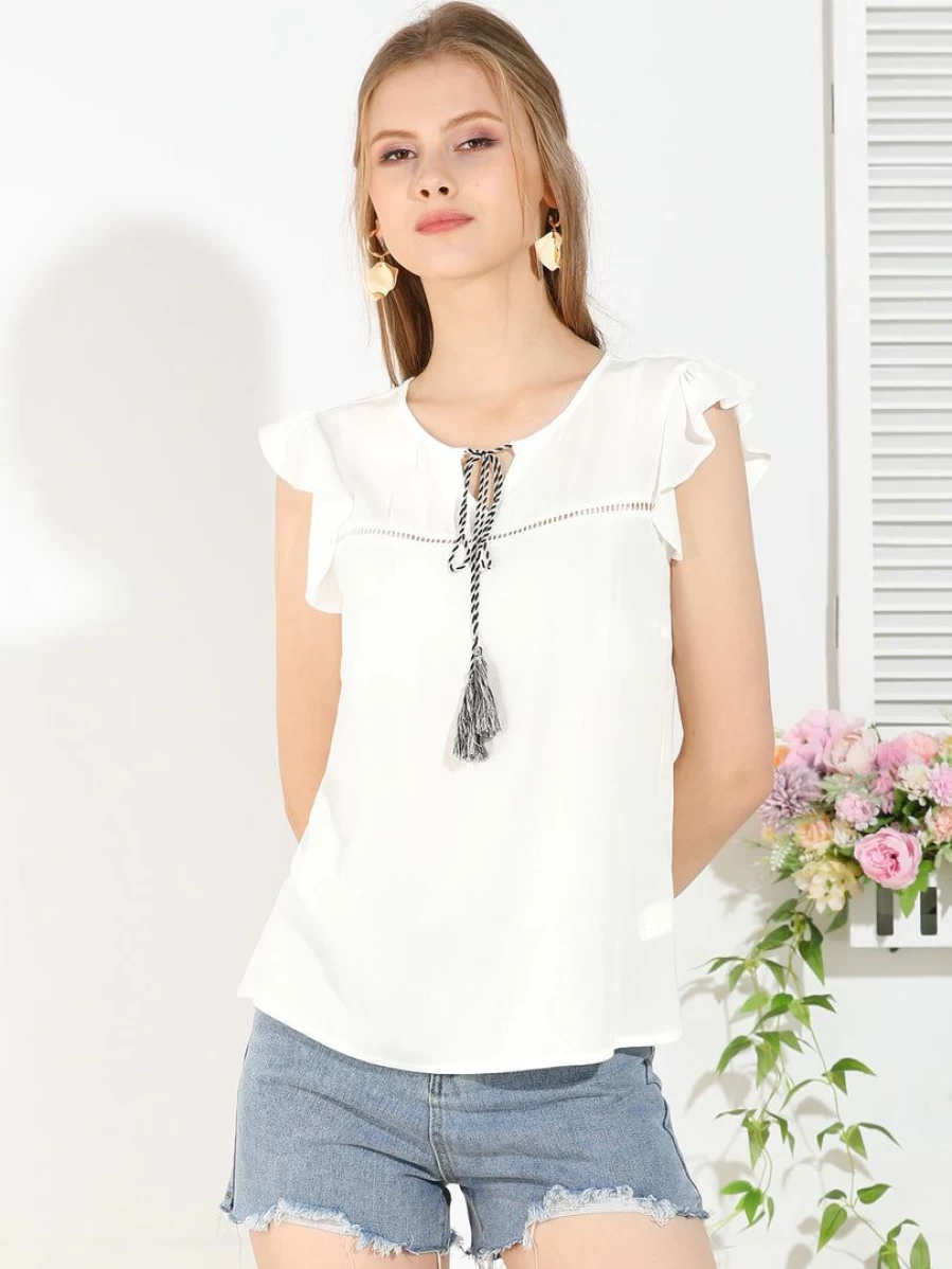 Allegra K Women's White Summer Casual Top with Flutter Sleeves, Tassel Tie Neck, and Hollow-Out Ruffled Front