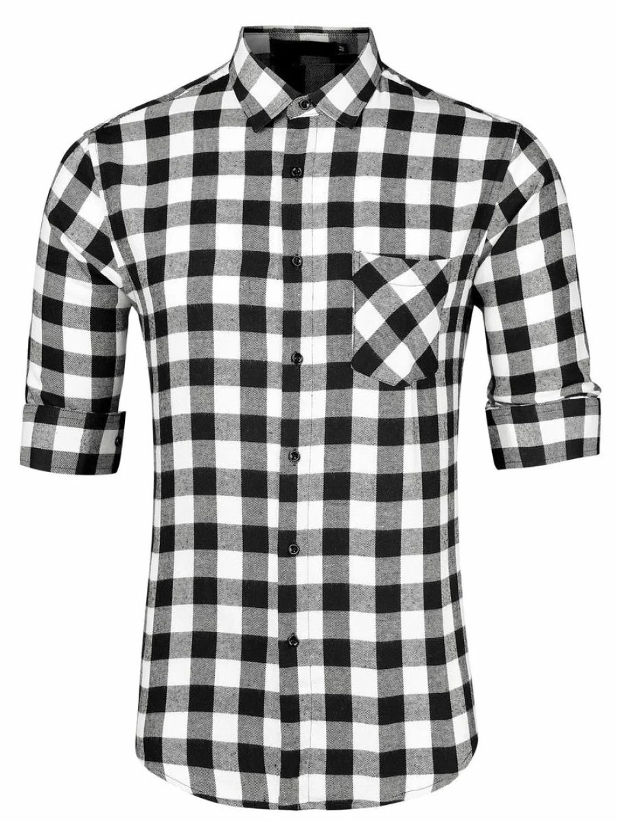 Men's Casual Plaid Flannel Shirt Long Sleeve Brushed Cotton Button Down Checkered Shirt