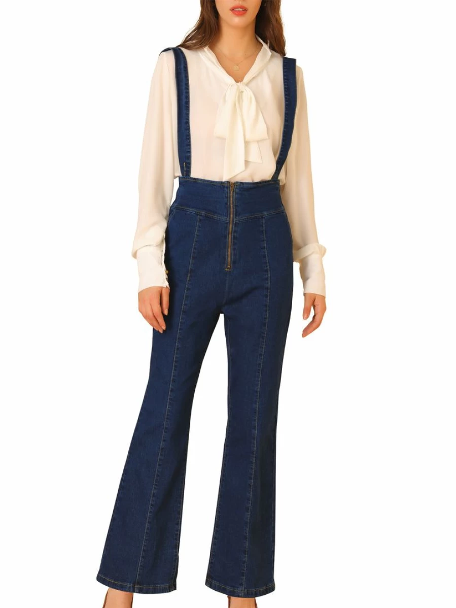 Allegra K Women's Blue Bell Bottom Denim Jumpsuit with Front Zip Long Overalls