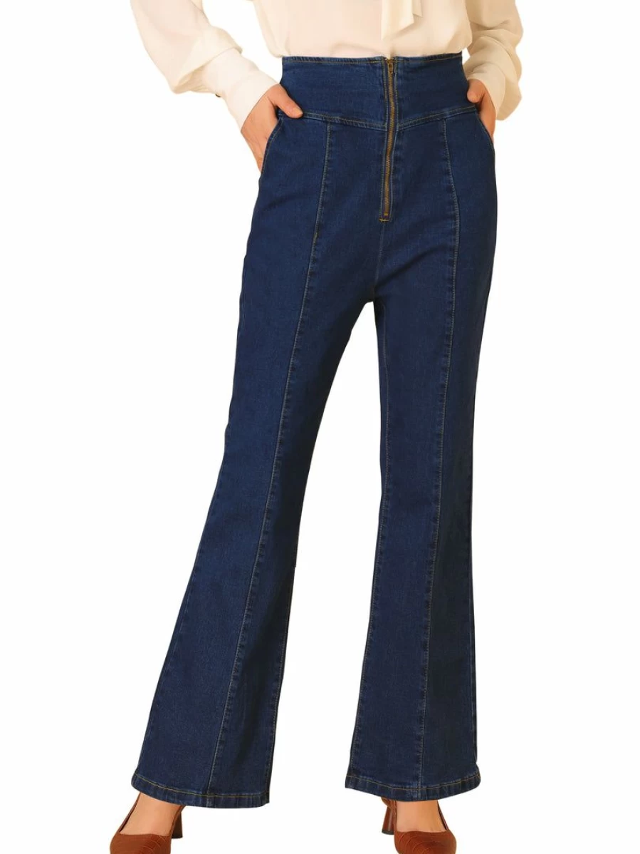 Allegra K Women's Blue Bell Bottom Denim Jumpsuit with Front Zip Long Overalls