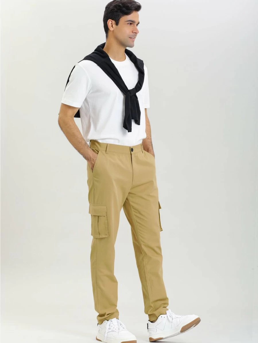 Men's Khaki Casual Cargo Jogger Pants with Pockets - Regular Fit Work Pants