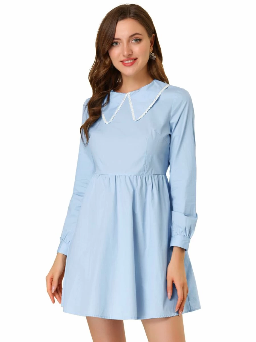 Blue Lace Trim Collared Babydoll Dress for Women - Long Sleeve Mini Dress