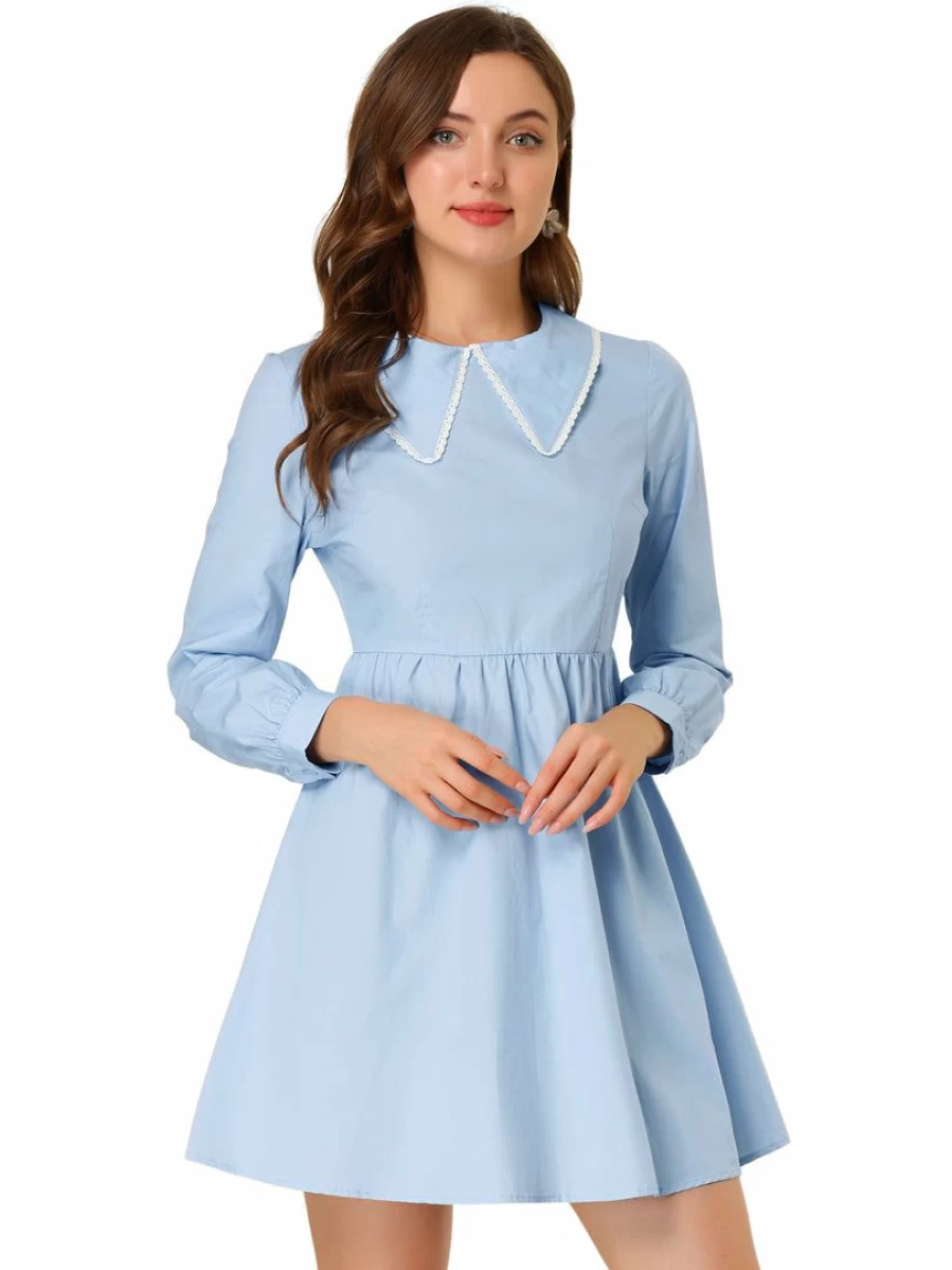 Blue Lace Trim Collared Babydoll Dress for Women - Long Sleeve Mini Dress