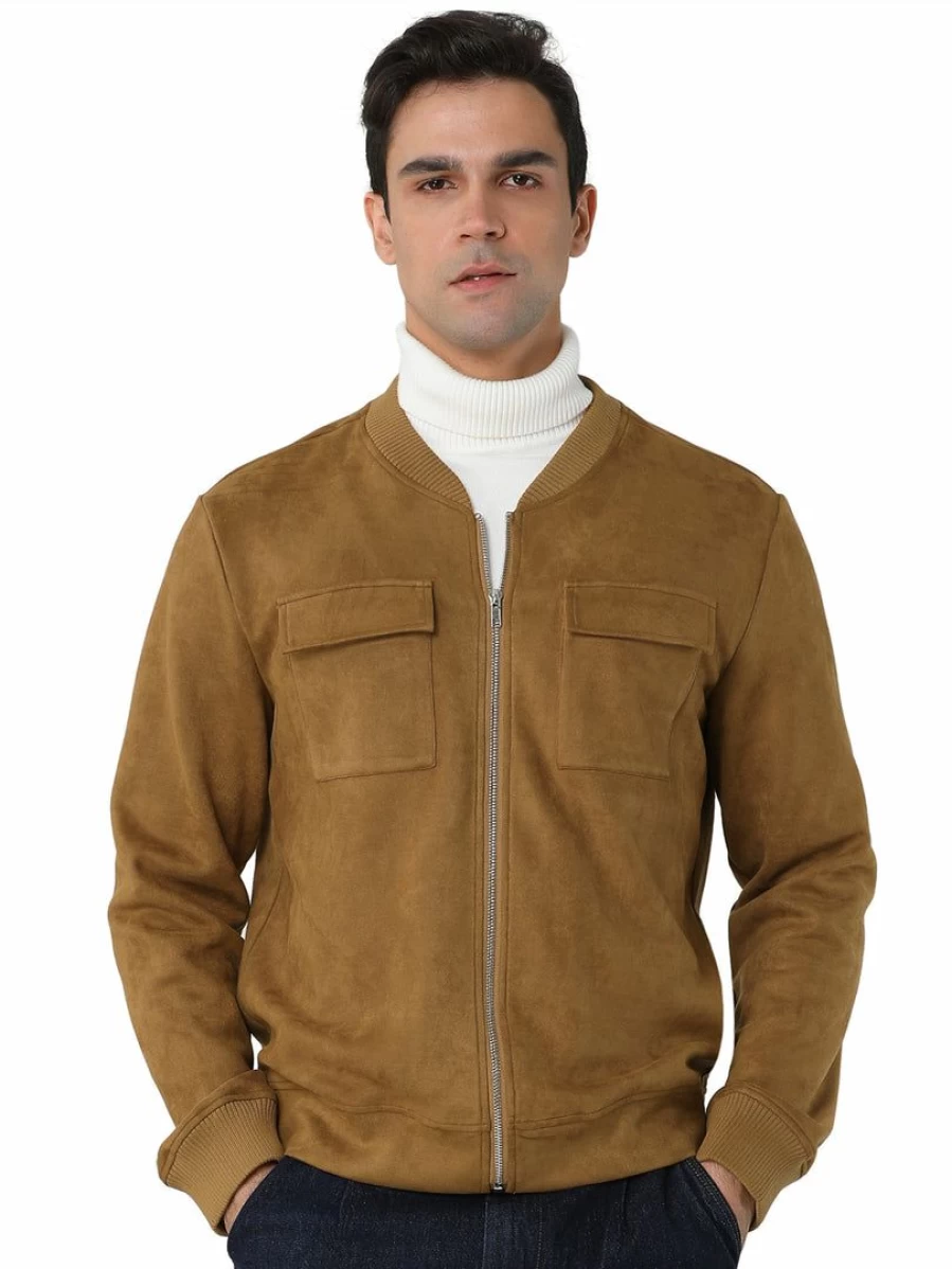 Men's Brown Faux Suede Baseball Bomber Jacket with Zip Up and Flap Pockets