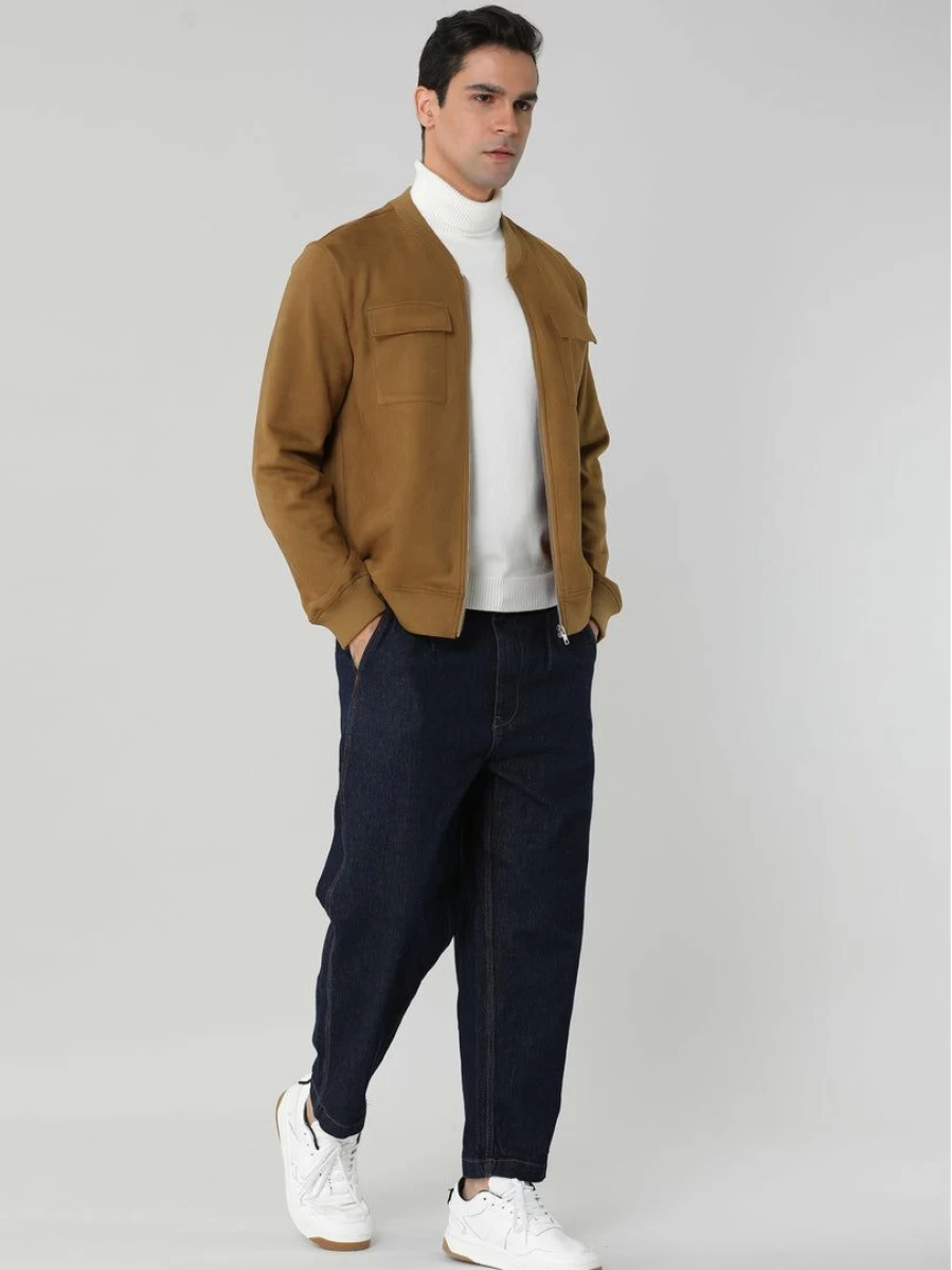 Men's Brown Faux Suede Baseball Bomber Jacket with Zip Up and Flap Pockets