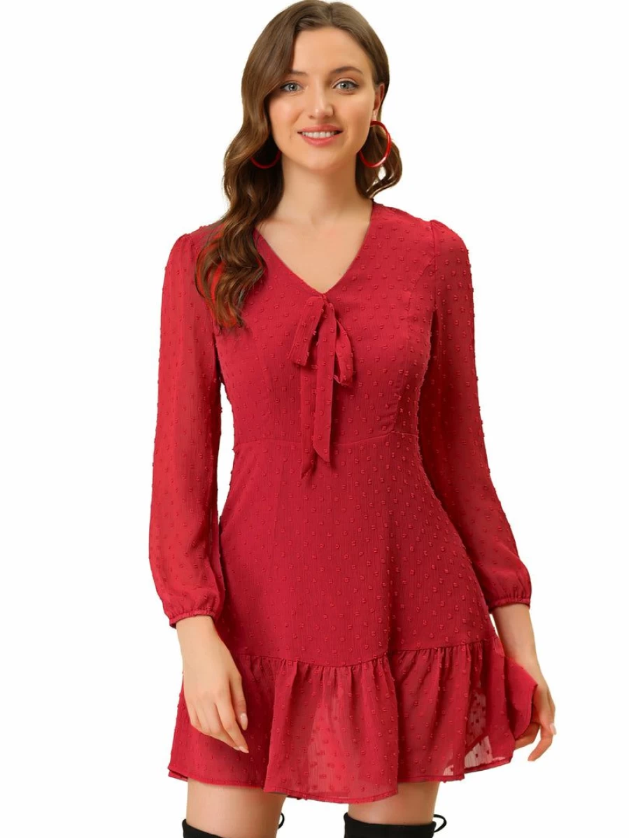Red Swiss Dots Mini Dress for Women with Ruffle Hem and Bow Tie V Neck - Long Sleeve Elegant Style