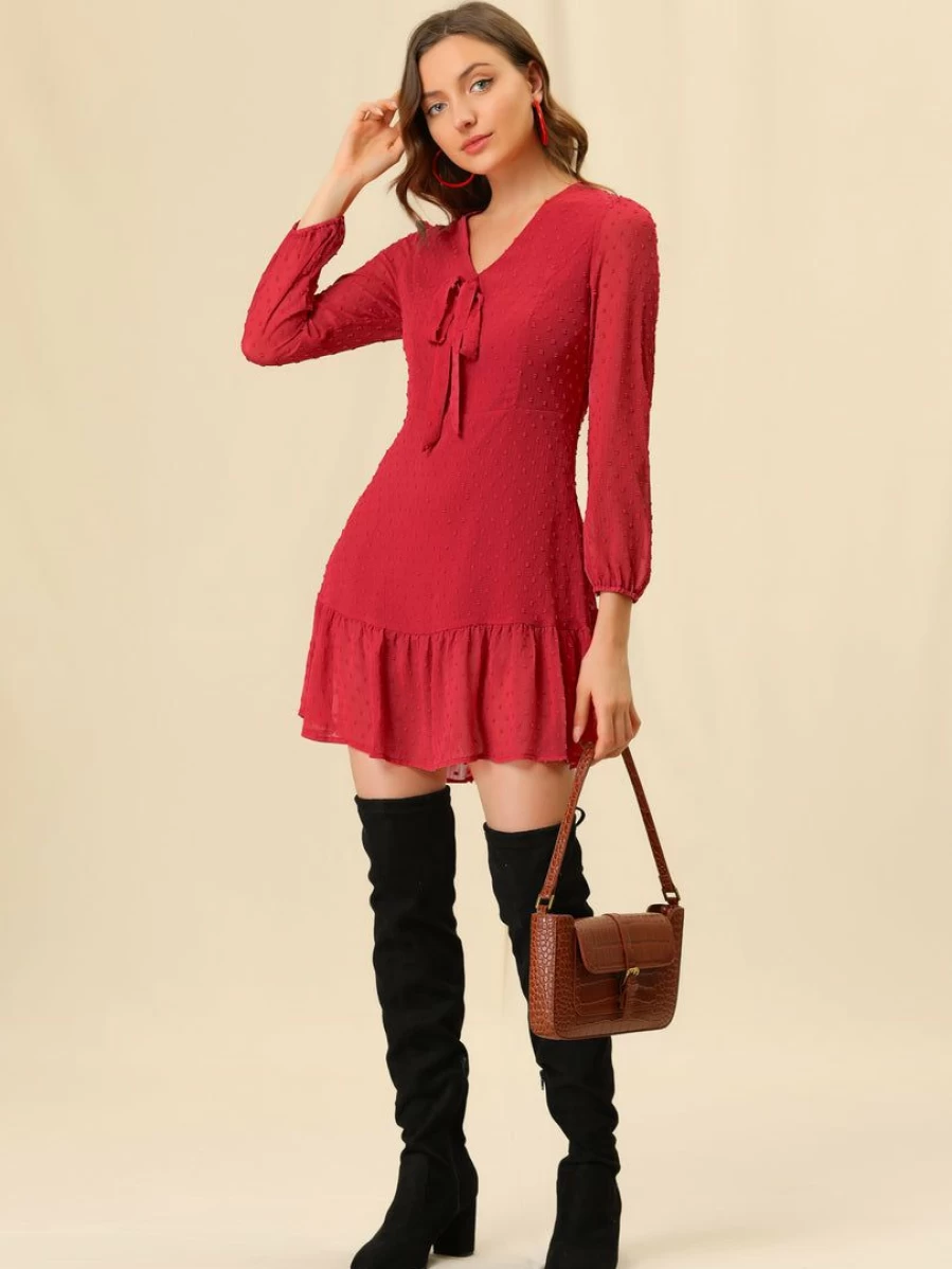 Red Swiss Dots Mini Dress for Women with Ruffle Hem and Bow Tie V Neck - Long Sleeve Elegant Style
