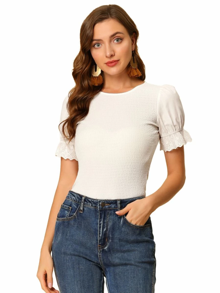Allegra K Women's White Smocked Blouse with Round Neck and Ruffle Puff Sleeves