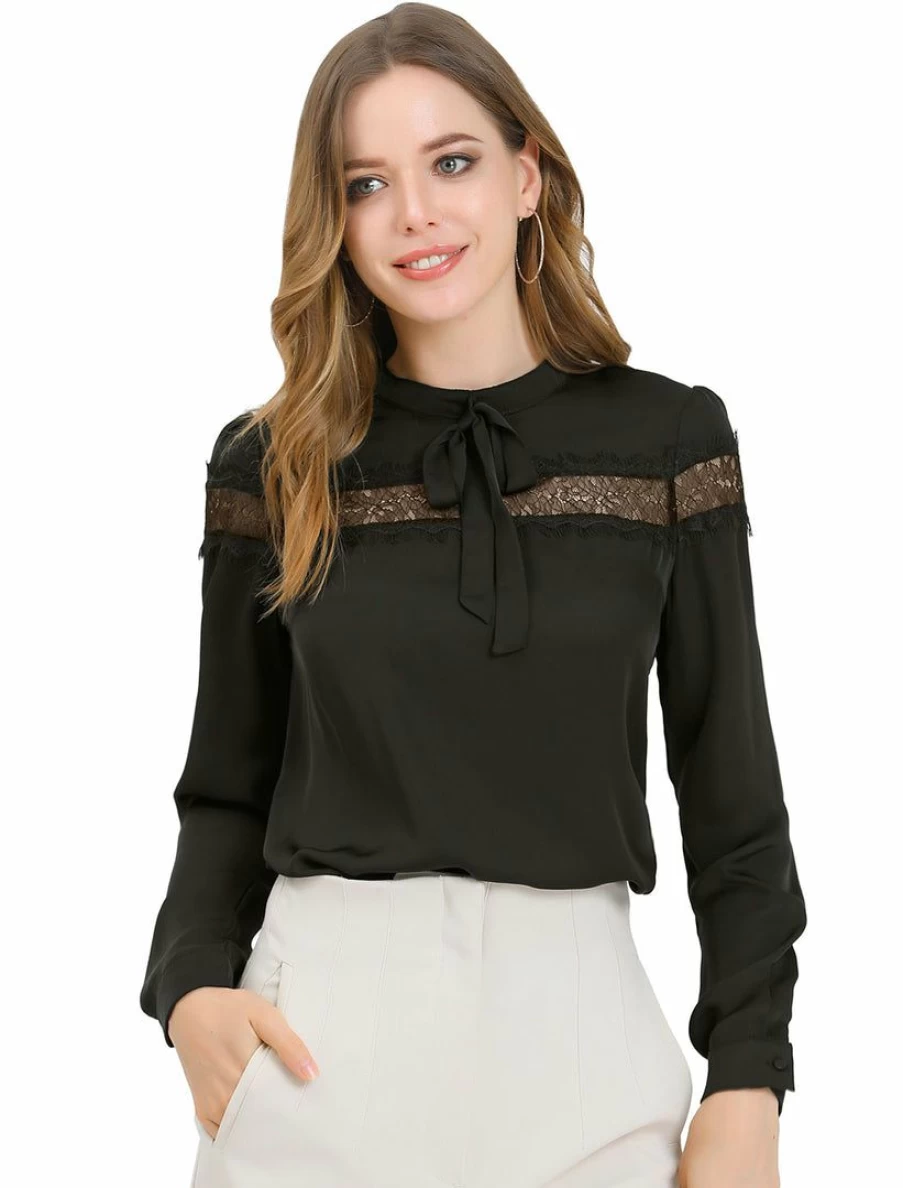 Elegant Women's Lace Patchwork Blouse with Bow Tie Neck and Long Sleeves