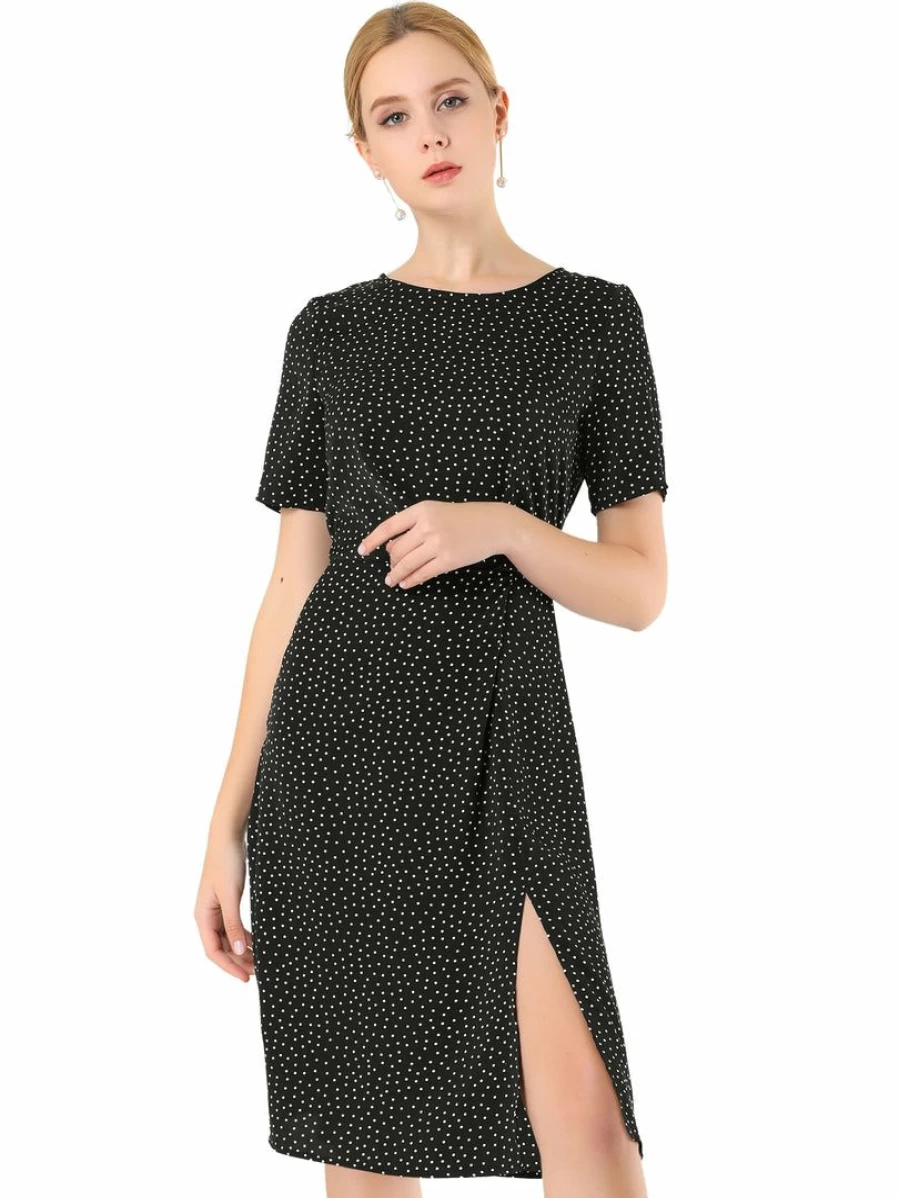 Black Polka Dot Vintage Flare Dress with Elastic Waist and Back Split for Women