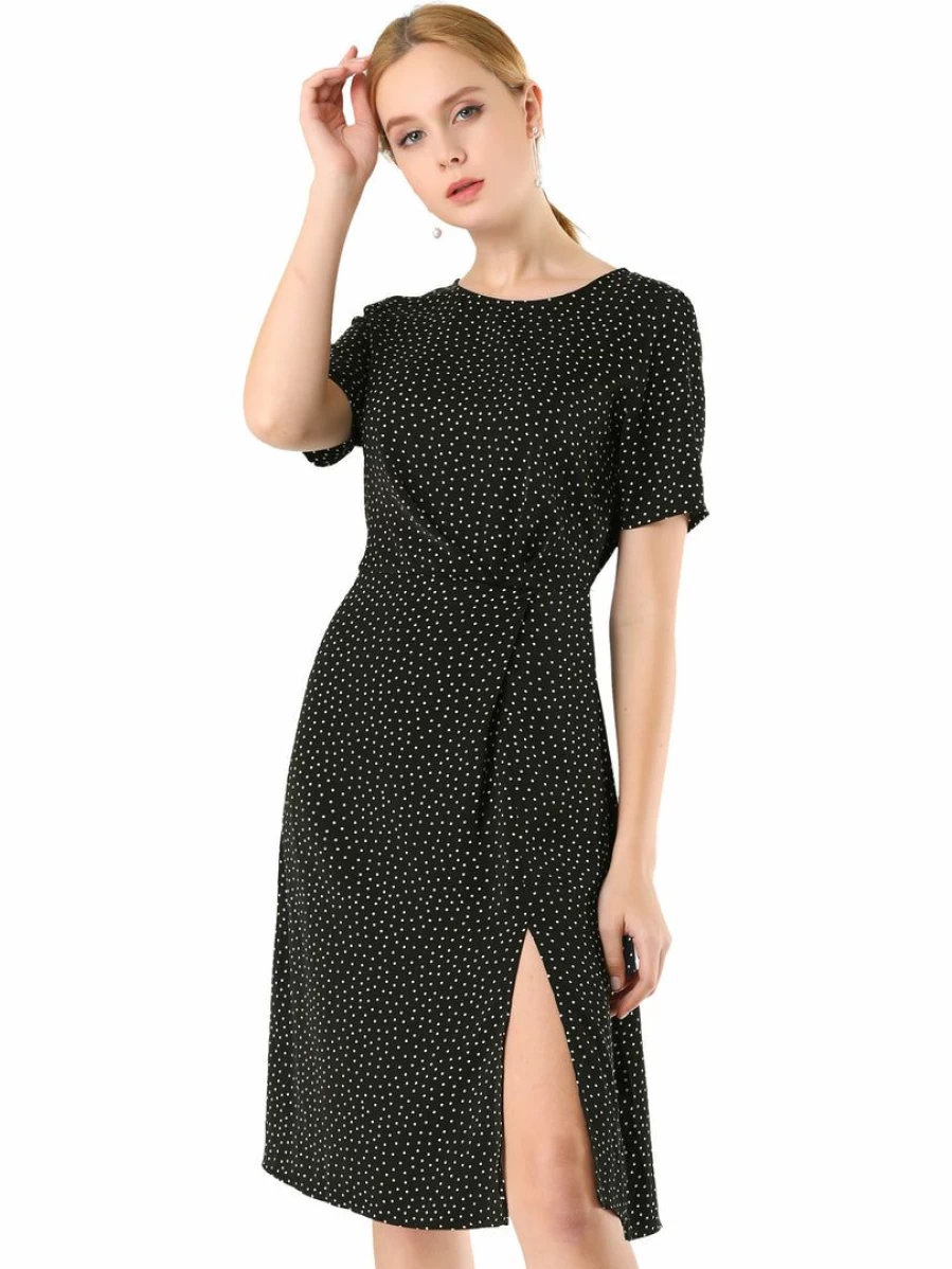 Black Polka Dot Vintage Flare Dress with Elastic Waist and Back Split for Women