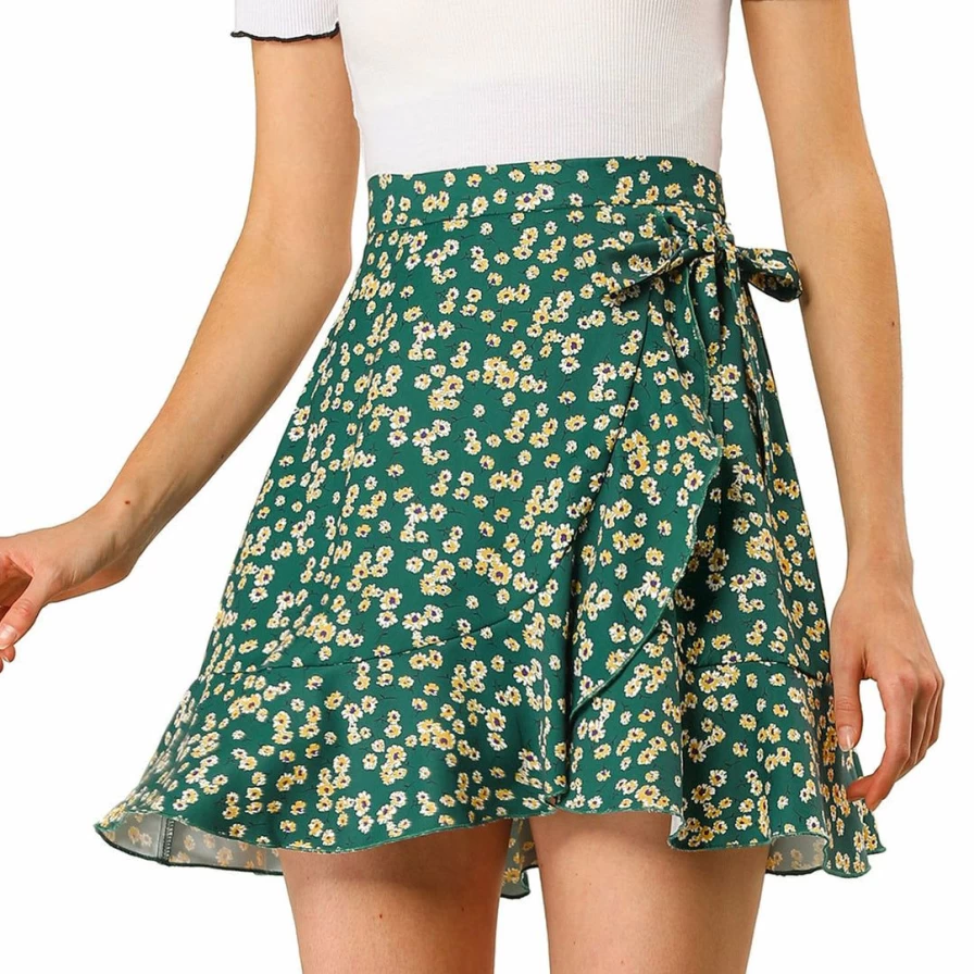 Women's Floral Print High Waist Wrap Mini Skirt with Ruffle Hem and Elastic Back