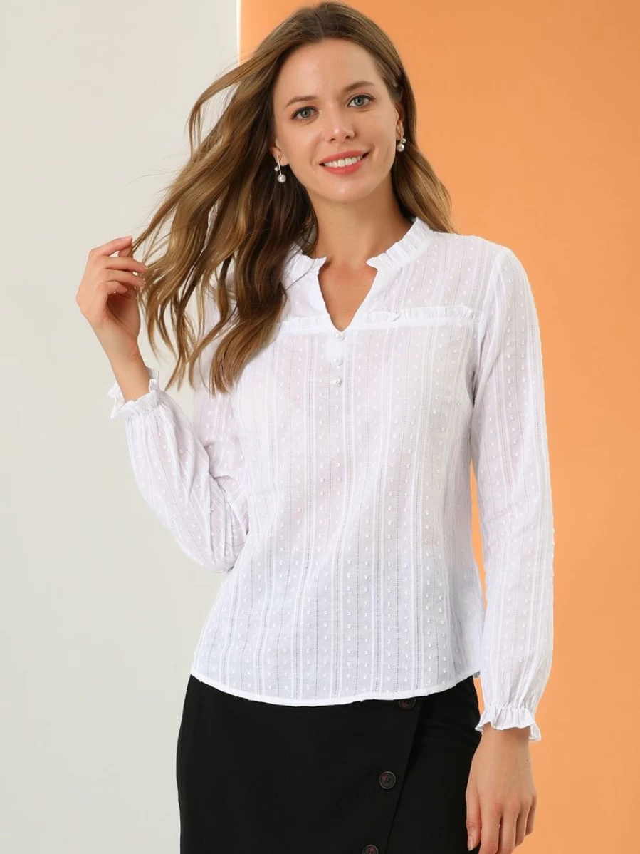 Allegra K Women's White Ruffle V-Neck Swiss Dot Hollow Out Blouse