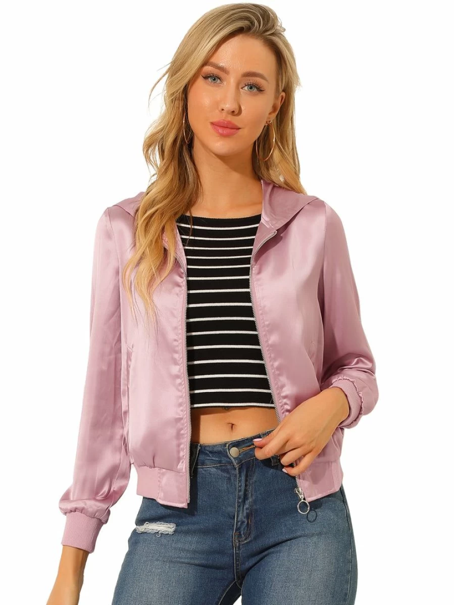 Dirty Pink Metallic Shimmer Bomber Jacket for Women with Holographic Sparkle and Front Zipper