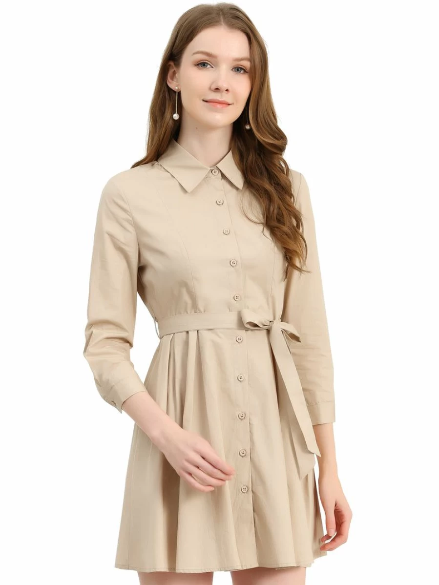 Allegra K Women's Khaki Long Sleeve Belted Shirt Dress with Point Neck and Button Up Design