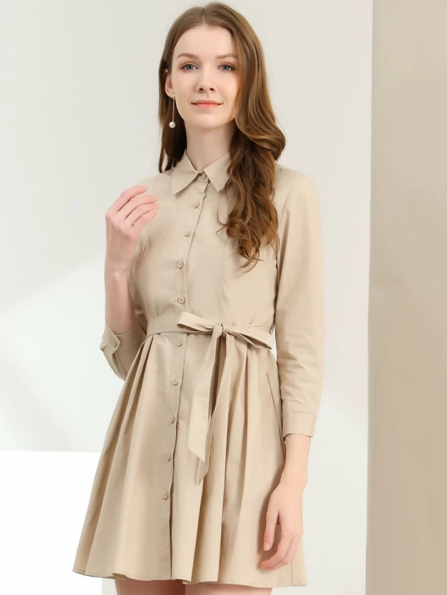 Allegra K Women's Khaki Long Sleeve Belted Shirt Dress with Point Neck and Button Up Design