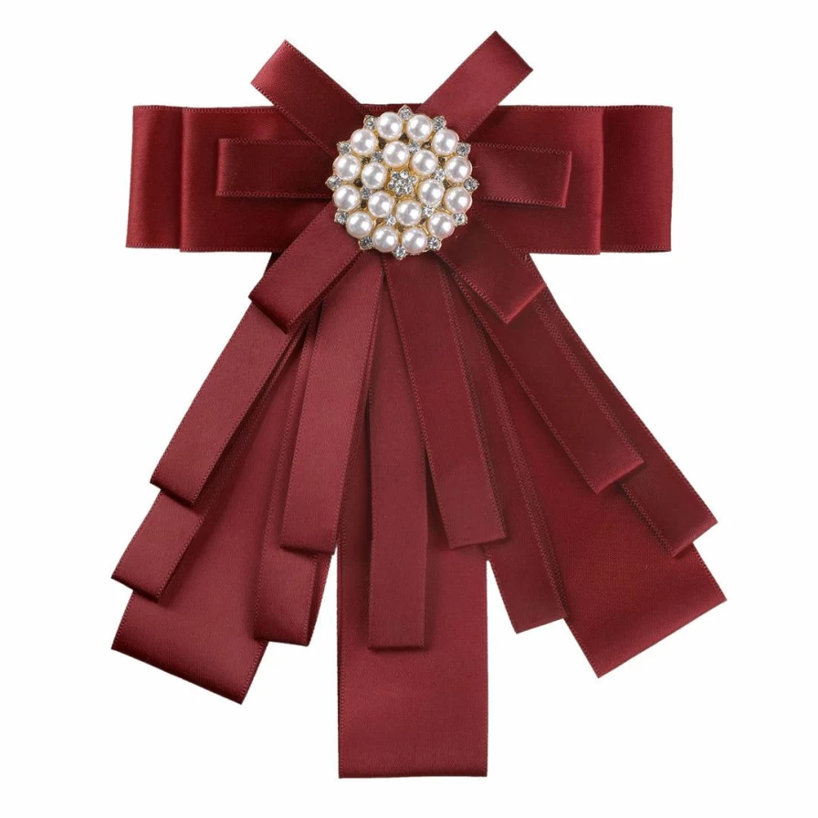 Women's Elegant Pre-Tied Bow Tie Brooch with Beaded Detail for Party & Formal Occasions