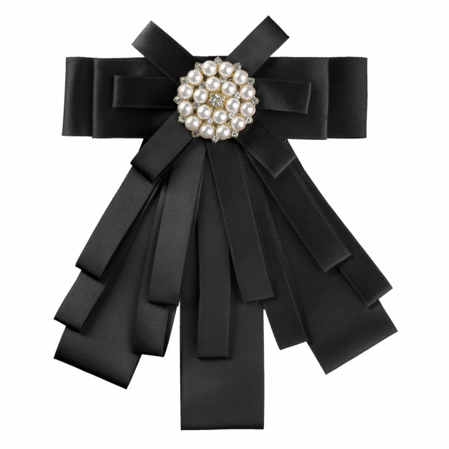 Women's Elegant Pre-Tied Bow Tie Brooch with Beaded Detail for Party & Formal Occasions