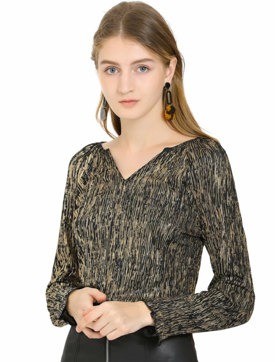 Allegra K Women's Black Glitter V-Neck Ruffle Cuff Metallic Stripe Party Top