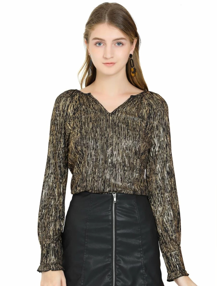 Allegra K Women's Black Glitter V-Neck Ruffle Cuff Metallic Stripe Party Top