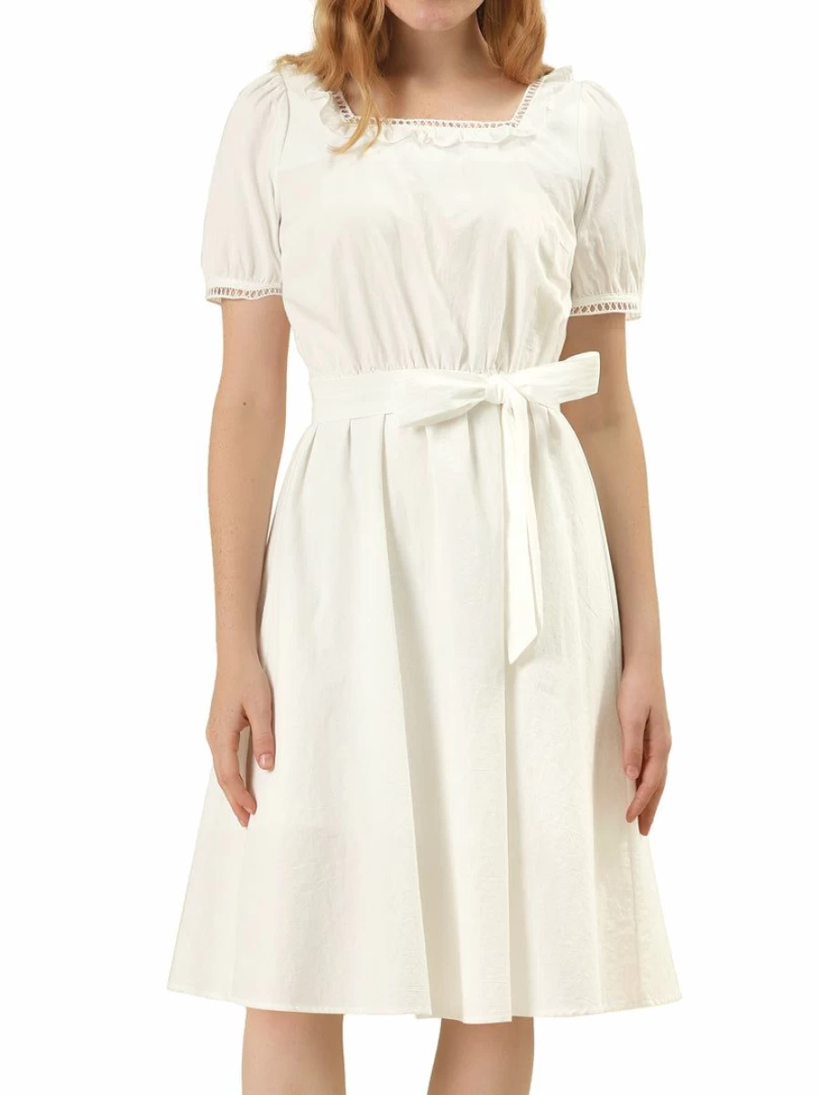 White Women's Peasant A-Line Midi Dress with Flare Fit, Ruffle Neck, and Belt Detail