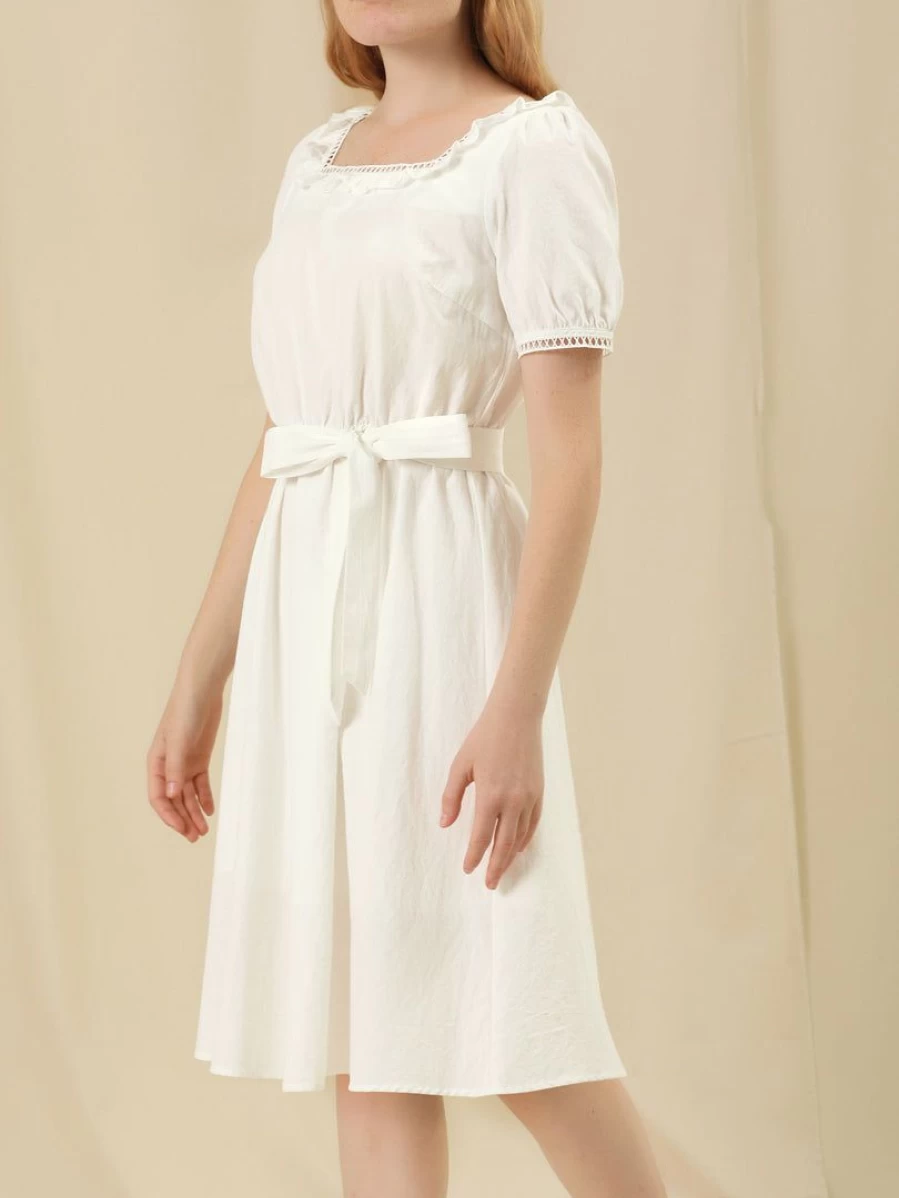 White Women's Peasant A-Line Midi Dress with Flare Fit, Ruffle Neck, and Belt Detail