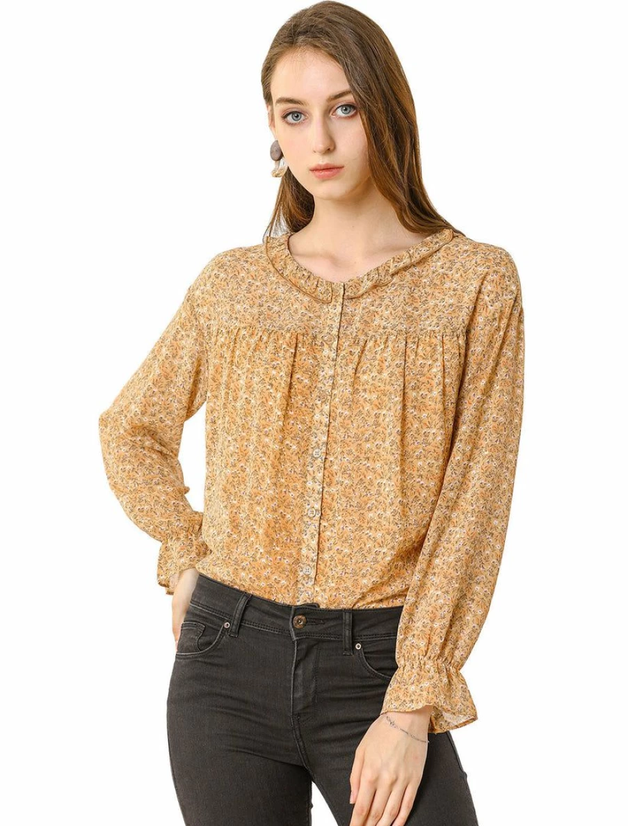Allegra K Women's Yellow Chiffon Blouse with Ditsy Floral Print, Ruffle Neck & Cuff, Long Sleeve Button Down Top