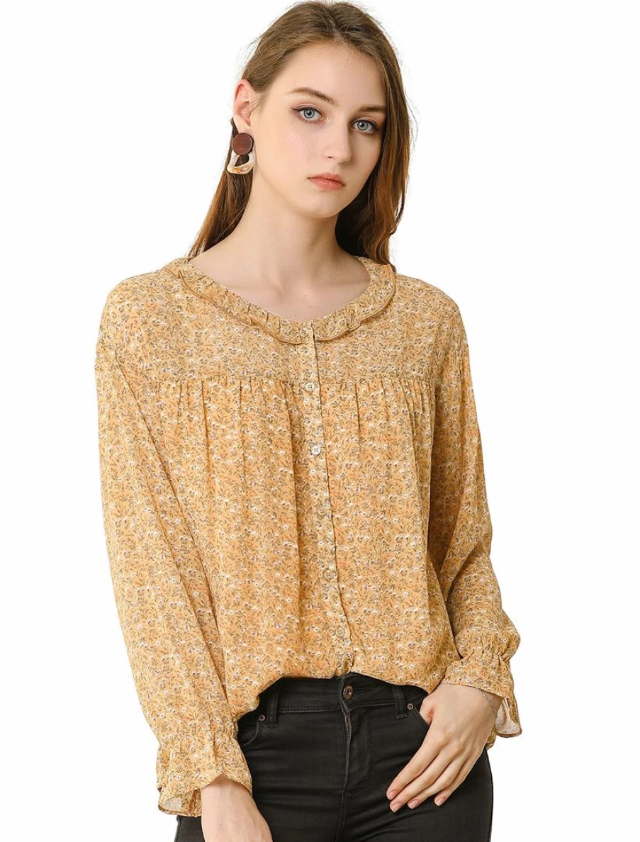 Allegra K Women's Yellow Chiffon Blouse with Ditsy Floral Print, Ruffle Neck & Cuff, Long Sleeve Button Down Top