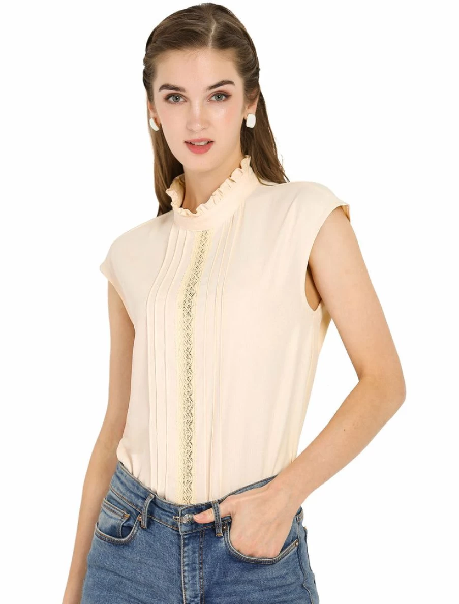 Beige Crochet Insert Pleated Cap Sleeve Blouse for Women - Work & Casual Style