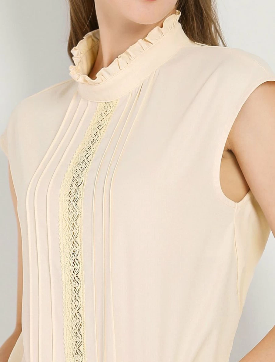 Beige Crochet Insert Pleated Cap Sleeve Blouse for Women - Work & Casual Style