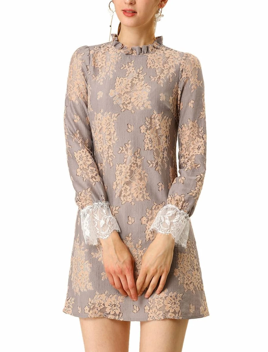 Bohemian Crochet Floral Lace Dress with Ruffle Crew Neck