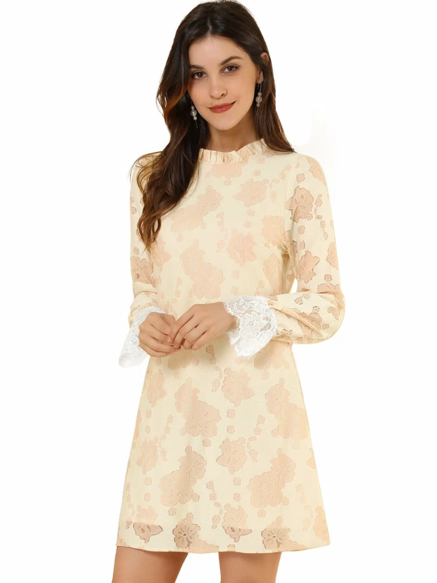 Bohemian Crochet Floral Lace Dress with Ruffle Crew Neck