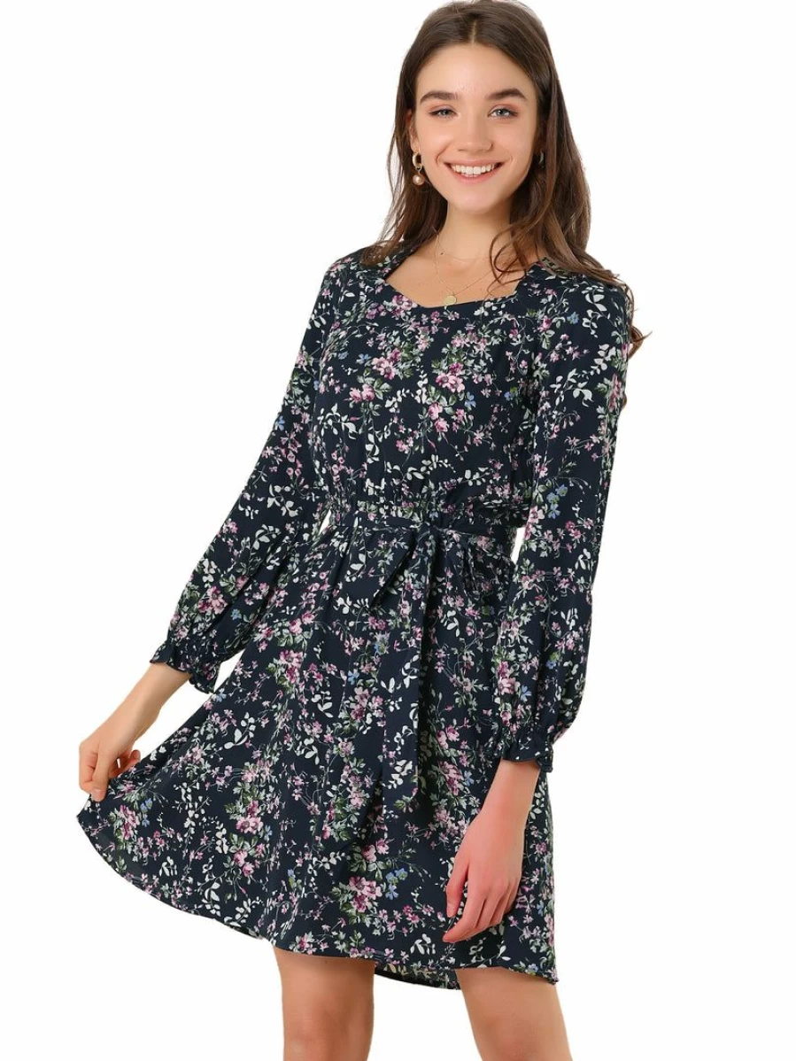 Dark Blue Floral Long Sleeve Spring Dress for Women with Square Neck & Tie Waist Belt