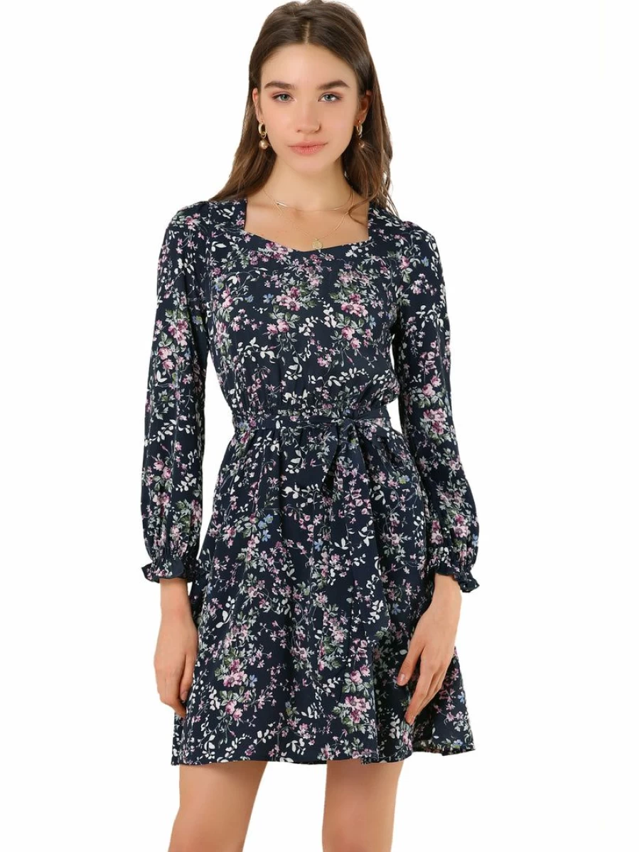 Dark Blue Floral Long Sleeve Spring Dress for Women with Square Neck & Tie Waist Belt